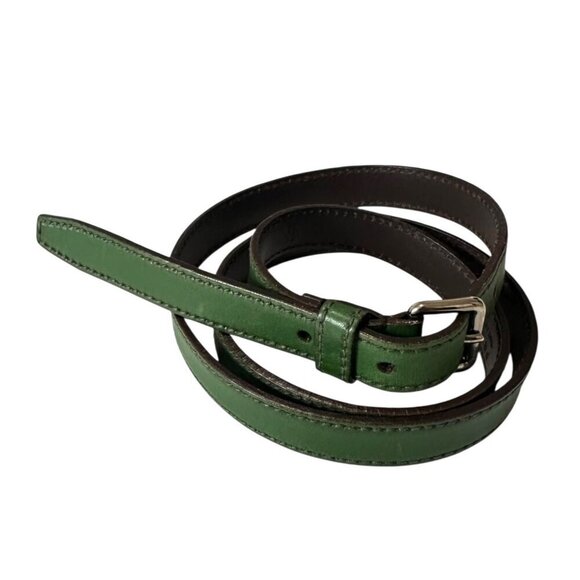 Prada Green Slim Leather Belt, Silver tone  buckle,  Size 90/36\